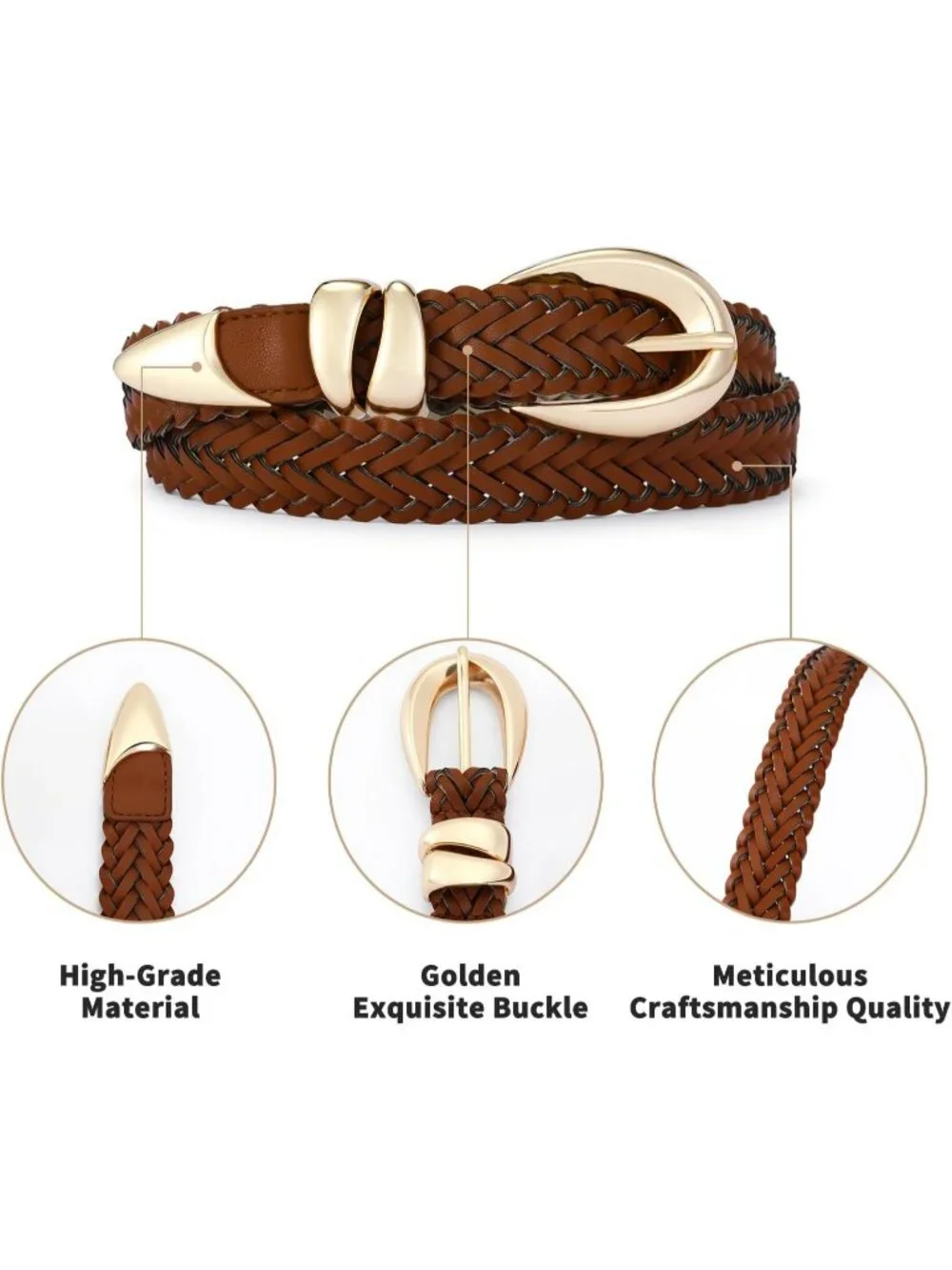 Women's Braided Brown Leather Adjustable Waist Belt For Jeans With Gold Buckle